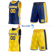 Загрузить изображение в средство просмотра галереи, Custom Navy Gold-White Side Panel Stripe Sun Flame Reversible Double Side Sublimation Basketball Set Jersey
