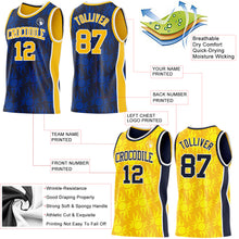 Загрузить изображение в средство просмотра галереи, Custom Navy Gold-White Side Panel Stripe Sun Flame Reversible Double Side Sublimation Basketball Set Jersey
