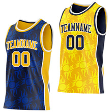 Загрузить изображение в средство просмотра галереи, Custom Navy Gold-White Side Panel Stripe Sun Flame Reversible Double Side Sublimation Basketball Set Jersey
