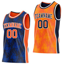 Charger l'image dans la galerie, Custom Navy Orange-White Side Panel Stripe Sun Flame Reversible Double Side Sublimation Basketball Set Jersey
