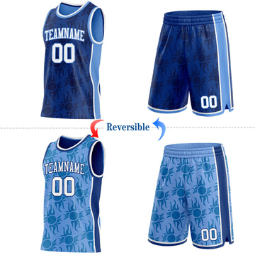 Custom Royal White-Light Blue Side Panel Stripe Sun Flame Reversible Double Side Sublimation Basketball Set Jersey