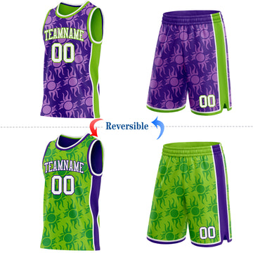Custom Purple White-Neon Green Side Panel Stripe Sun Flame Reversible Double Side Sublimation Basketball Set Jersey