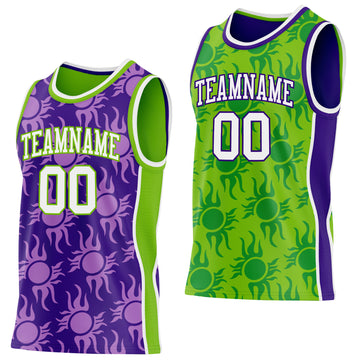 Custom Purple White-Neon Green Side Panel Stripe Sun Flame Reversible Double Side Sublimation Basketball Set Jersey