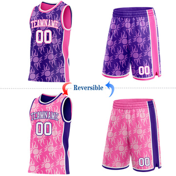 Custom Purple White-Pink Side Panel Stripe Sun Flame Reversible Double Side Sublimation Basketball Set Jersey