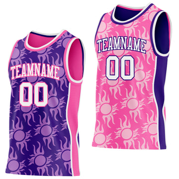 Custom Purple White-Pink Side Panel Stripe Sun Flame Reversible Double Side Sublimation Basketball Set Jersey