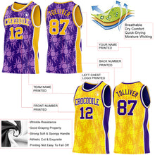 Загрузить изображение в средство просмотра галереи, Custom Purple Gold-White Side Panel Stripe Sun Flame Reversible Double Side Sublimation Basketball Set Jersey
