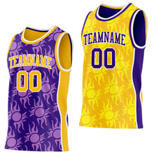 Загрузить изображение в средство просмотра галереи, Custom Purple Gold-White Side Panel Stripe Sun Flame Reversible Double Side Sublimation Basketball Set Jersey
