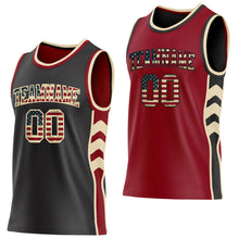 Load image into Gallery viewer, Custom Black Vintage USA Flag Cream-Maroon Side Panel Geometric Chevron Reversible Double Side Sublimation Basketball Set Jersey
