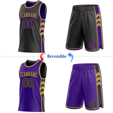 Custom Black Purple-Old Gold Side Panel Geometric Chevron Reversible Double Side Sublimation Basketball Set Jersey