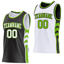 Laden Sie das Bild in den Galerie-Viewer, Custom Black White-Neon Green Side Panel Geometric Chevron Reversible Double Side Sublimation Basketball Set Jersey
