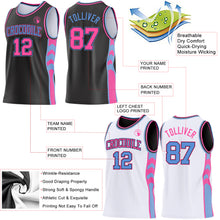 Laden Sie das Bild in den Galerie-Viewer, Custom Black Pink-Light Blue Side Panel Geometric Chevron Reversible Double Side Sublimation Basketball Set Jersey
