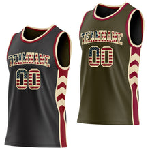 Загрузить изображение в средство просмотра галереи, Custom Black(Olive) Vintage USA Flag Cream-Maroon Side Panel Geometric Chevron Reversible Double Side Sublimation Basketball Set Jersey
