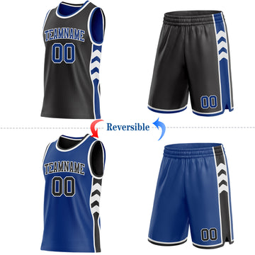 Custom Black Royal-White Side Panel Geometric Chevron Reversible Double Side Sublimation Basketball Set Jersey