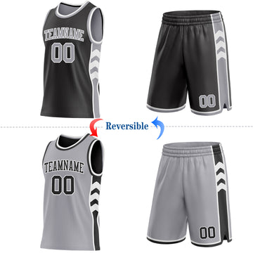 Custom Black Gray-White Side Panel Geometric Chevron Reversible Double Side Sublimation Basketball Set Jersey