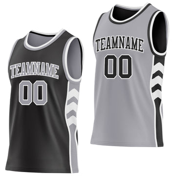 Custom Black Gray-White Side Panel Geometric Chevron Reversible Double Side Sublimation Basketball Set Jersey