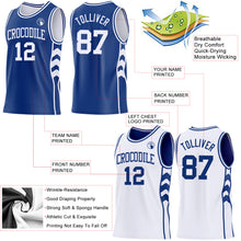 Laden Sie das Bild in den Galerie-Viewer, Custom Royal-White Side Panel Geometric Chevron Reversible Double Side Sublimation Basketball Set Jersey

