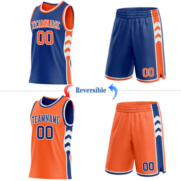 Custom Royal Orange-White Side Panel Geometric Chevron Reversible Double Side Sublimation Basketball Set Jersey