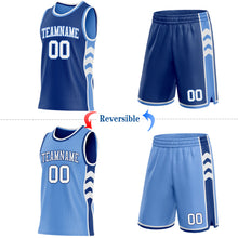 Charger l'image dans la galerie, Custom Royal White-Light Blue Side Panel Geometric Chevron Reversible Double Side Sublimation Basketball Set Jersey
