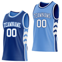 Charger l'image dans la galerie, Custom Royal White-Light Blue Side Panel Geometric Chevron Reversible Double Side Sublimation Basketball Set Jersey
