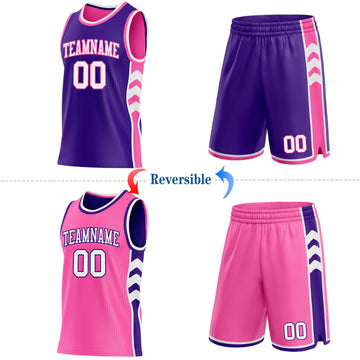 Custom Purple White-Pink Side Panel Geometric Chevron Reversible Double Side Sublimation Basketball Set Jersey