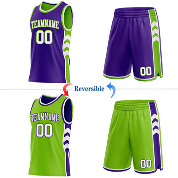 Custom Purple White-Neon Green Side Panel Geometric Chevron Reversible Double Side Sublimation Basketball Set Jersey