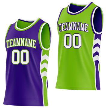 Custom Purple White-Neon Green Side Panel Geometric Chevron Reversible Double Side Sublimation Basketball Set Jersey