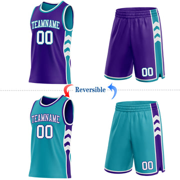 Custom Purple White-Teal Side Panel Geometric Chevron Reversible Double Side Sublimation Basketball Set Jersey