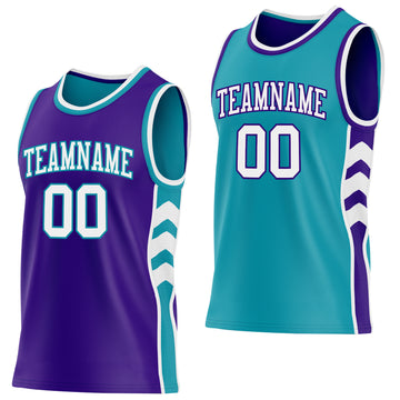 Custom Purple White-Teal Side Panel Geometric Chevron Reversible Double Side Sublimation Basketball Set Jersey