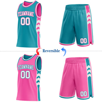 Custom Teal White-Pink Side Panel Geometric Chevron Reversible Double Side Sublimation Basketball Set Jersey