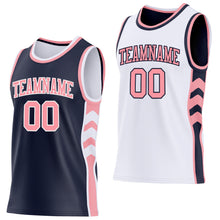 Laden Sie das Bild in den Galerie-Viewer, Custom Navy Medium Pink-White Side Panel Geometric Chevron Reversible Double Side Sublimation Basketball Set Jersey
