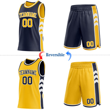 Custom Navy Gold-White Side Panel Geometric Chevron Reversible Double Side Sublimation Basketball Set Jersey