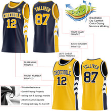 Charger l'image dans la galerie, Custom Navy Gold-White Side Panel Geometric Chevron Reversible Double Side Sublimation Basketball Set Jersey
