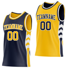 Charger l'image dans la galerie, Custom Navy Gold-White Side Panel Geometric Chevron Reversible Double Side Sublimation Basketball Set Jersey
