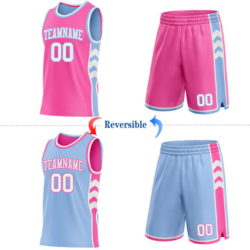 Custom Pink White-Light Blue Side Panel Geometric Chevron Reversible Double Side Sublimation Basketball Set Jersey