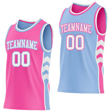Charger l'image dans la galerie, Custom Pink White-Light Blue Side Panel Geometric Chevron Reversible Double Side Sublimation Basketball Set Jersey
