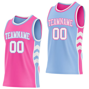 Custom Pink White-Light Blue Side Panel Geometric Chevron Reversible Double Side Sublimation Basketball Set Jersey