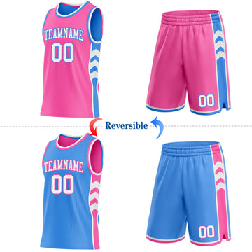 Custom Pink White-Powder Blue Side Panel Geometric Chevron Reversible Double Side Sublimation Basketball Set Jersey