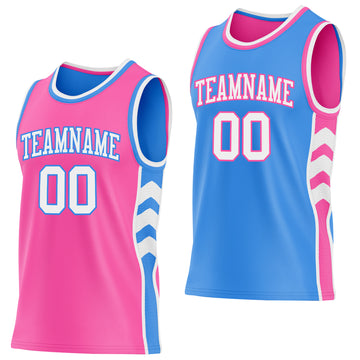 Custom Pink White-Powder Blue Side Panel Geometric Chevron Reversible Double Side Sublimation Basketball Set Jersey