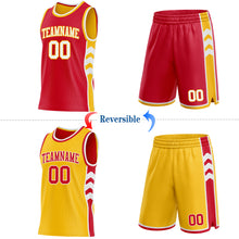 Laden Sie das Bild in den Galerie-Viewer, Custom Red White-Gold Side Panel Geometric Chevron Reversible Double Side Sublimation Basketball Set Jersey

