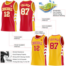 Laden Sie das Bild in den Galerie-Viewer, Custom Red White-Gold Side Panel Geometric Chevron Reversible Double Side Sublimation Basketball Set Jersey
