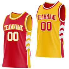 Laden Sie das Bild in den Galerie-Viewer, Custom Red White-Gold Side Panel Geometric Chevron Reversible Double Side Sublimation Basketball Set Jersey
