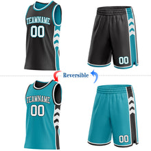 Laden Sie das Bild in den Galerie-Viewer, Custom Black White-Teal Side Panel Geometric Chevron Reversible Double Side Sublimation Basketball Set Jersey
