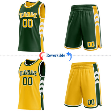 Custom Green Gold-White Side Panel Geometric Chevron Reversible Double Side Sublimation Basketball Set Jersey