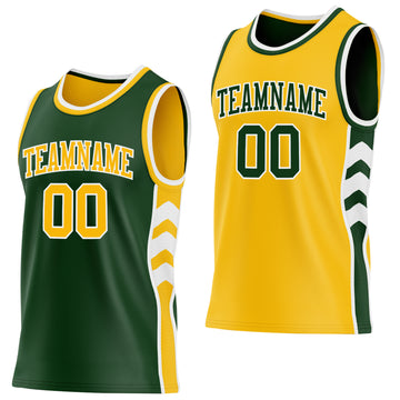 Custom Green Gold-White Side Panel Geometric Chevron Reversible Double Side Sublimation Basketball Set Jersey
