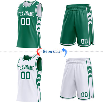 Custom Kelly Green-White Side Panel Geometric Chevron Reversible Double Side Sublimation Basketball Set Jersey