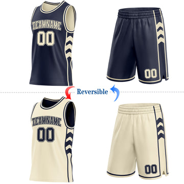 Custom Navy-Cream Side Panel Geometric Chevron Reversible Double Side Sublimation Basketball Set Jersey