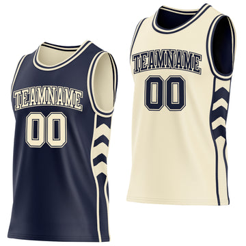 Custom Navy-Cream Side Panel Geometric Chevron Reversible Double Side Sublimation Basketball Set Jersey