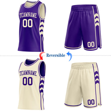 Custom Purple-Cream Side Panel Geometric Chevron Reversible Double Side Sublimation Basketball Set Jersey