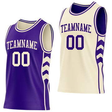 Custom Purple-Cream Side Panel Geometric Chevron Reversible Double Side Sublimation Basketball Set Jersey