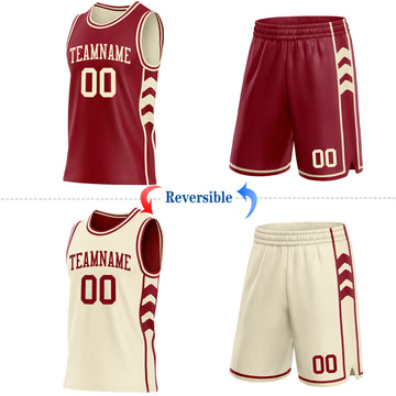 Custom Maroon-Cream Side Panel Geometric Chevron Reversible Double Side Sublimation Basketball Set Jersey